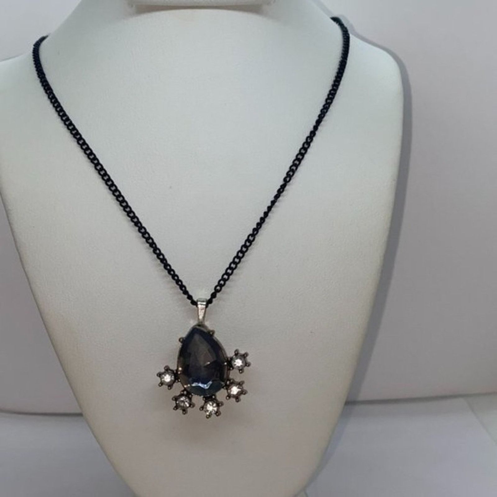 Handmade Black-Tone Clear & Blue Rhinestone Necklace Size ONE SIZE - 1 Thumbnail