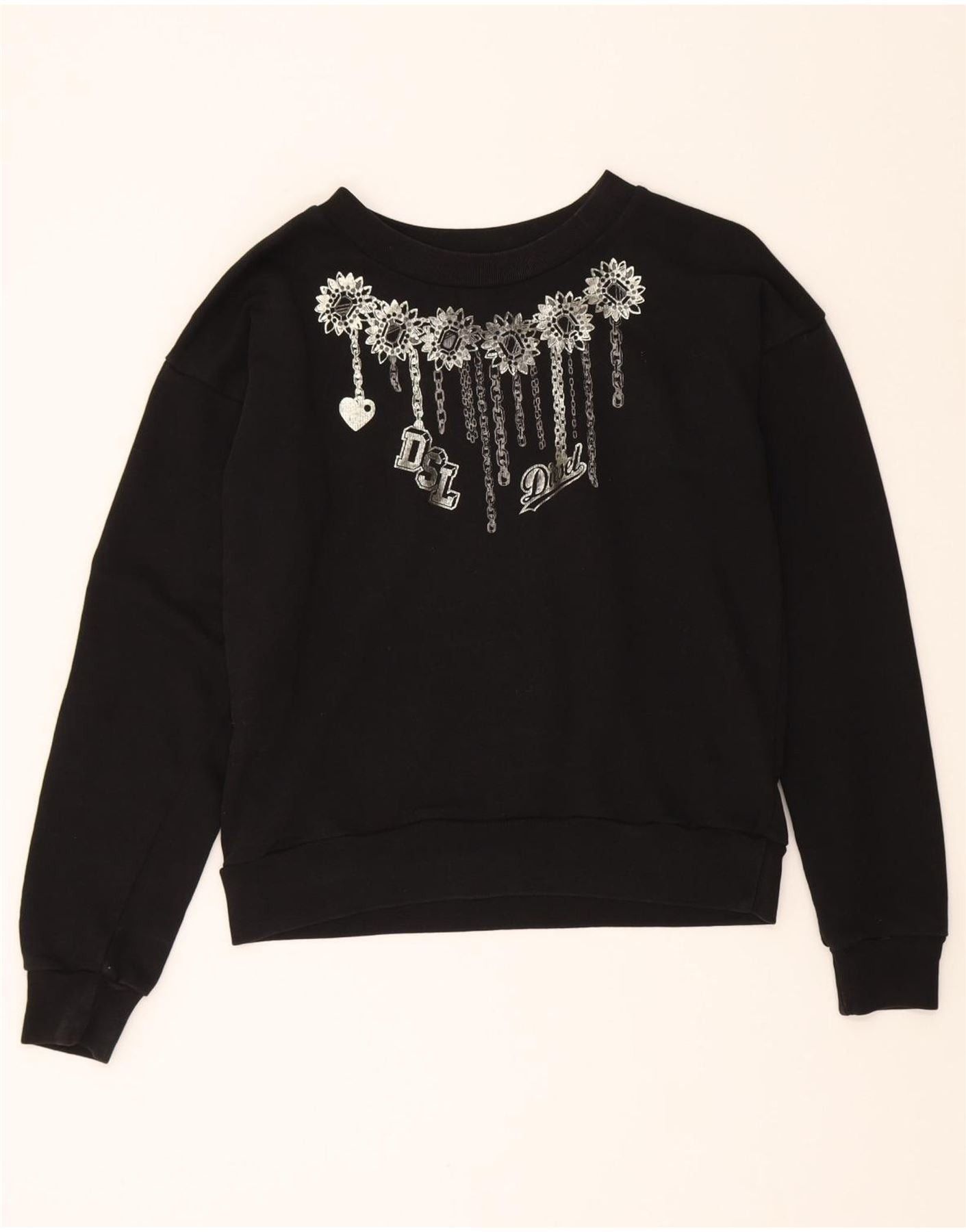 Diesel Womens Crop Graphic Sweatshirt Jumper UK 14 Large Black Cott Size L / US 10 / IT 46 - 1 Thumbnail