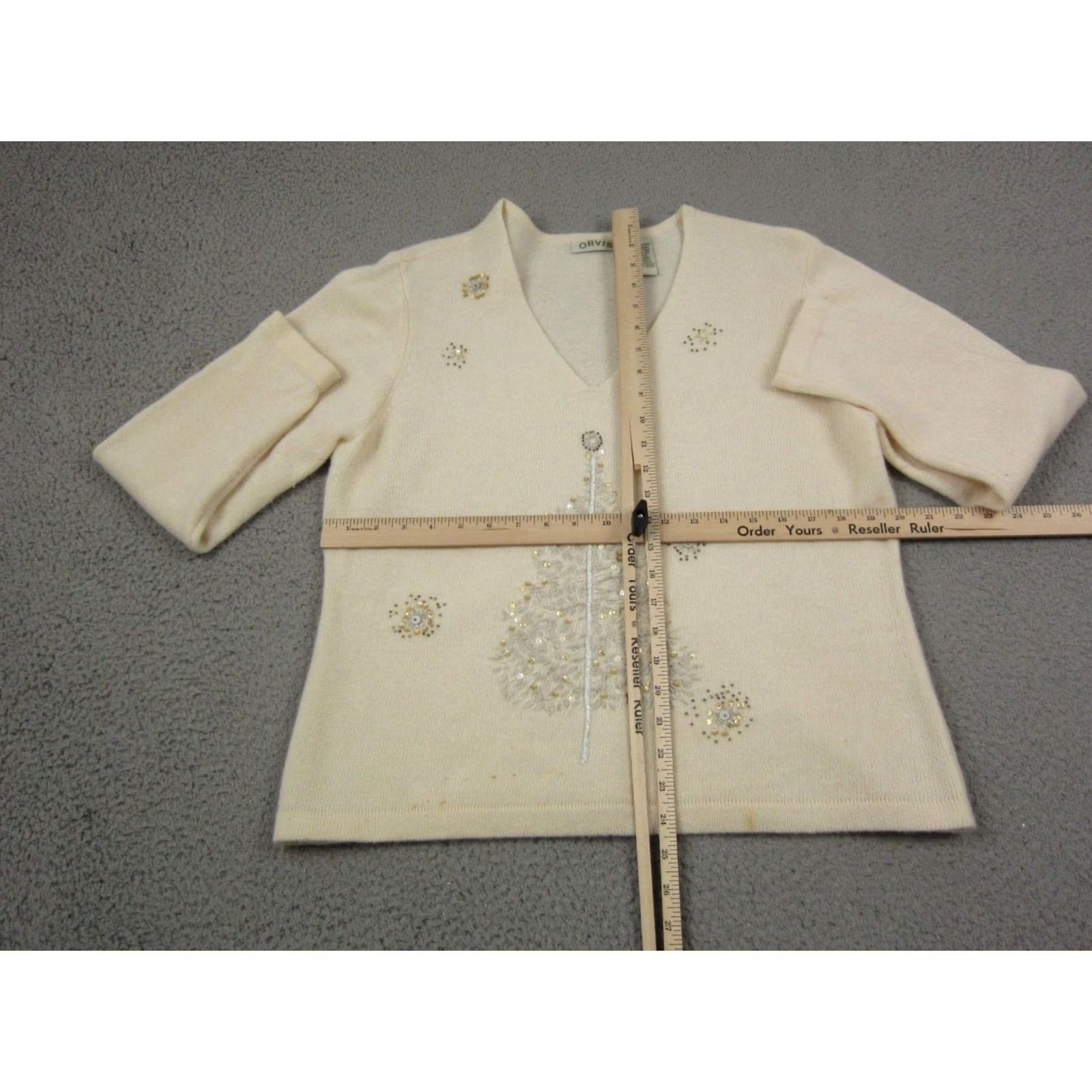 Orvis VINTAGE Orvis Sweater Womens Large Creme Christmas Tree Lambswool Sequins Angora 90s Size L / US 10 / IT 46 - 7 Thumbnail