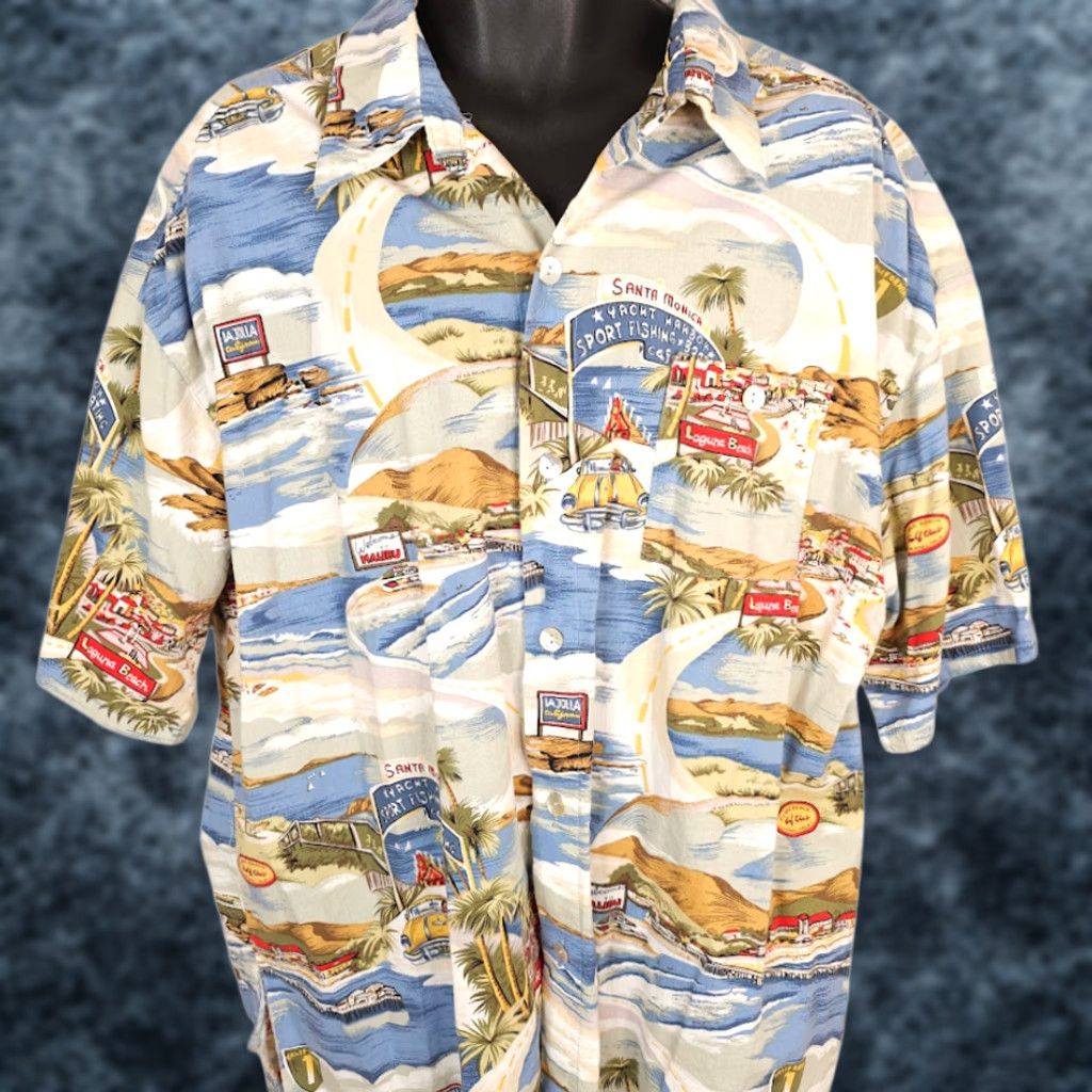 Vintage VINTAGE Laguna Beach Hawaiian Shirt Mens 3XL Beige Surfer Surfing Malibu AOP Shirt Mens 3XL Beige Surfing Hawaiian AOP Camp Tiki Holidays Poster Size US XXL / EU 58 / 5 - 1 Thumbnail