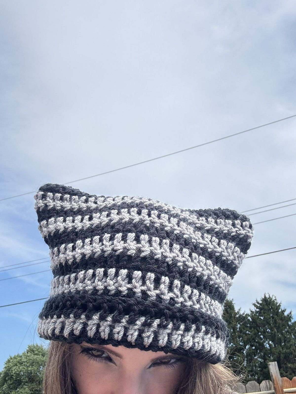 Handmade Crochet Cat Beanie - Black & Gray Size ONE SIZE - 2 Thumbnail