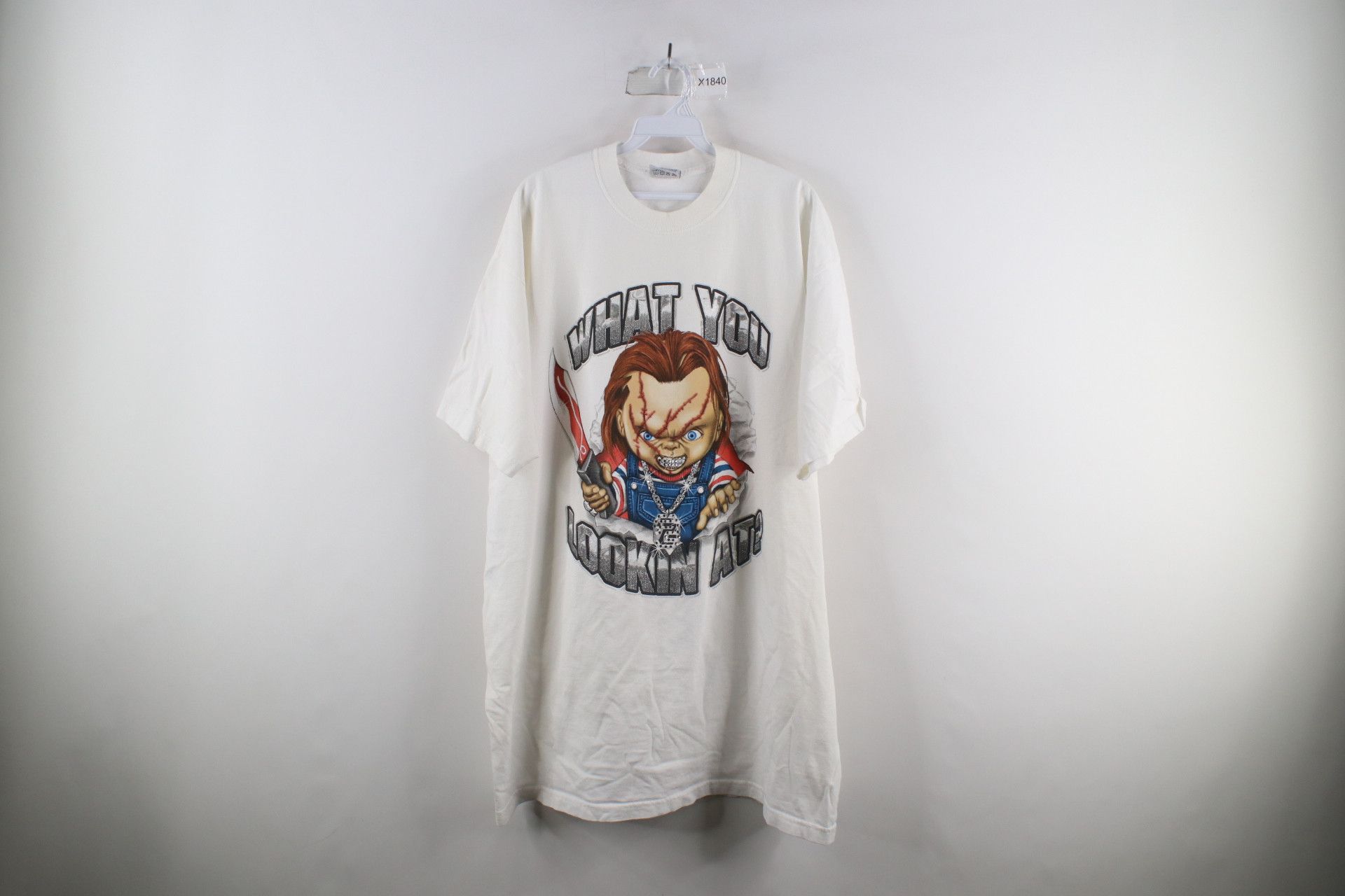 image of Vintage You Looking At Chucky The Doll T-Shirt White Usa, Men's (Size 2XL)