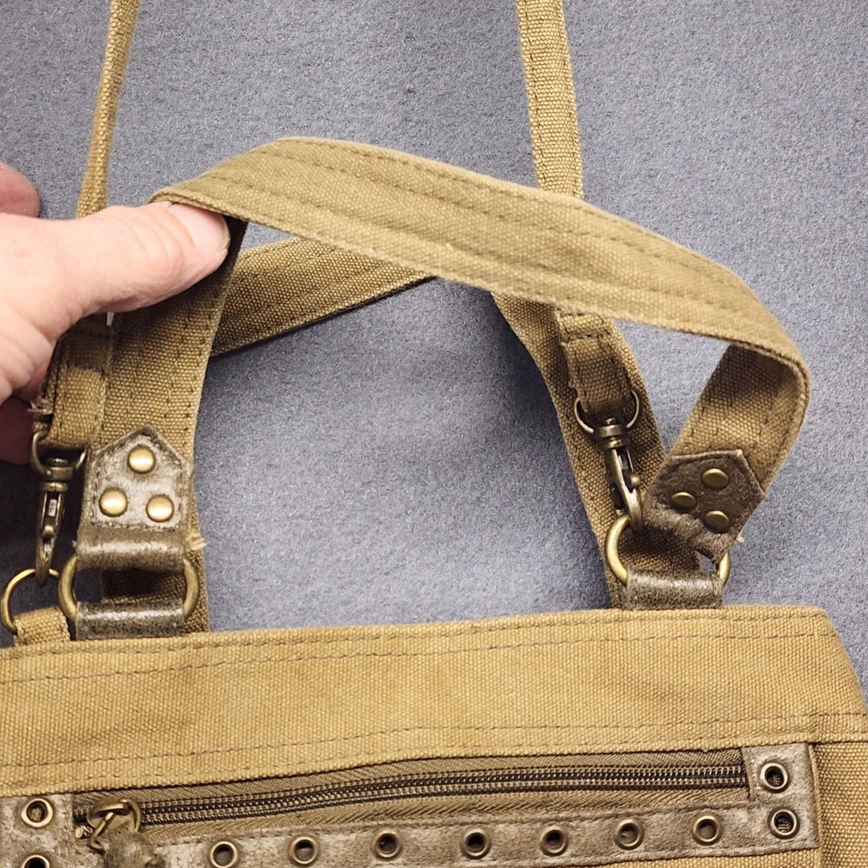 Vintage Khaki Canvas Crossbody Purse Studded Multi Pocket Shoulder Bag Utility Crossbody Women Tan Zip Bag Size ONE SIZE - 2 Thumbnail