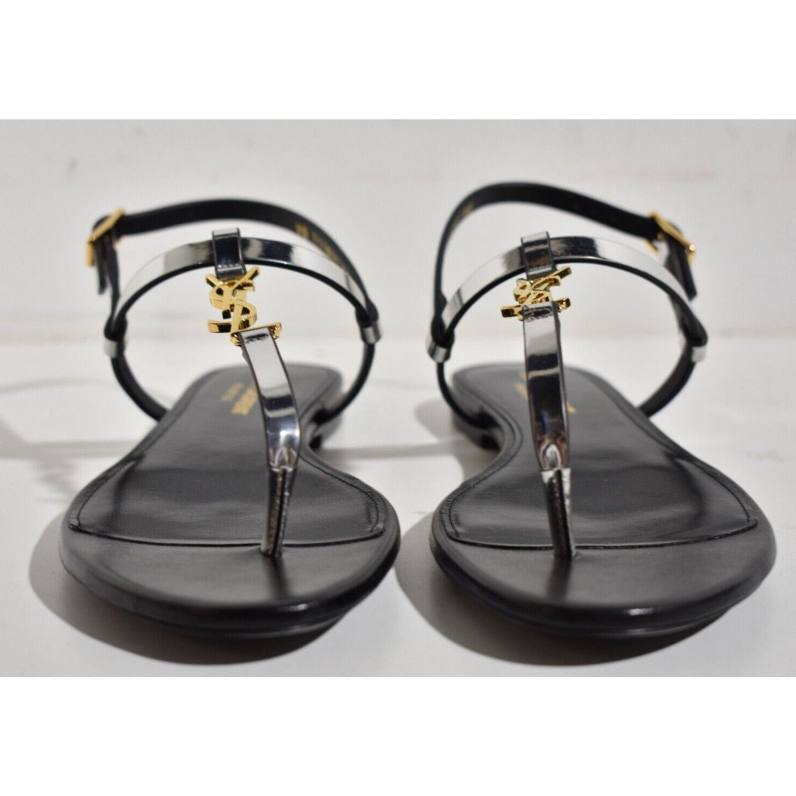 Yves Saint Laurent Saint Laurent YSL Logo Cassandra Iota 05 Silver Black Thong Size US 8 / IT 38 - 7 Thumbnail