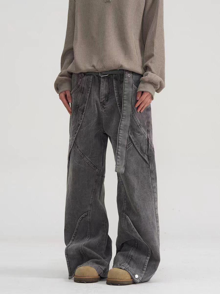 Japanese Brand Wide Leg Washed Gray Denim Jeans with Strap Size US 30 / EU 46 - 1 Thumbnail