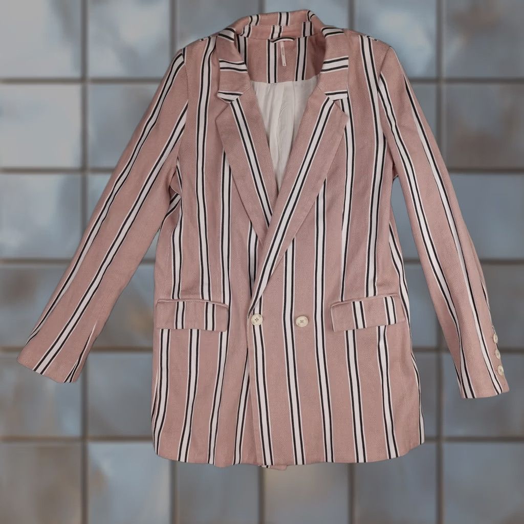 Free People Free People Blazer Womens L Pink Striped Oversized Preppy Jacket Blazer Long Sleeve Notch Lapel Vintage? Size L / US 10 / IT 46 - 1 Thumbnail