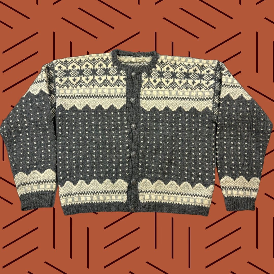 Vintage VINTAGE L.L. BEAN Cardigan Mens XL Gray Wool Fair Isle Norwegian Birdseye Crew Neck Knit Wool Rugged Outdoor 90s/Old School Size US XL / EU 56 / 4 - 1 Thumbnail