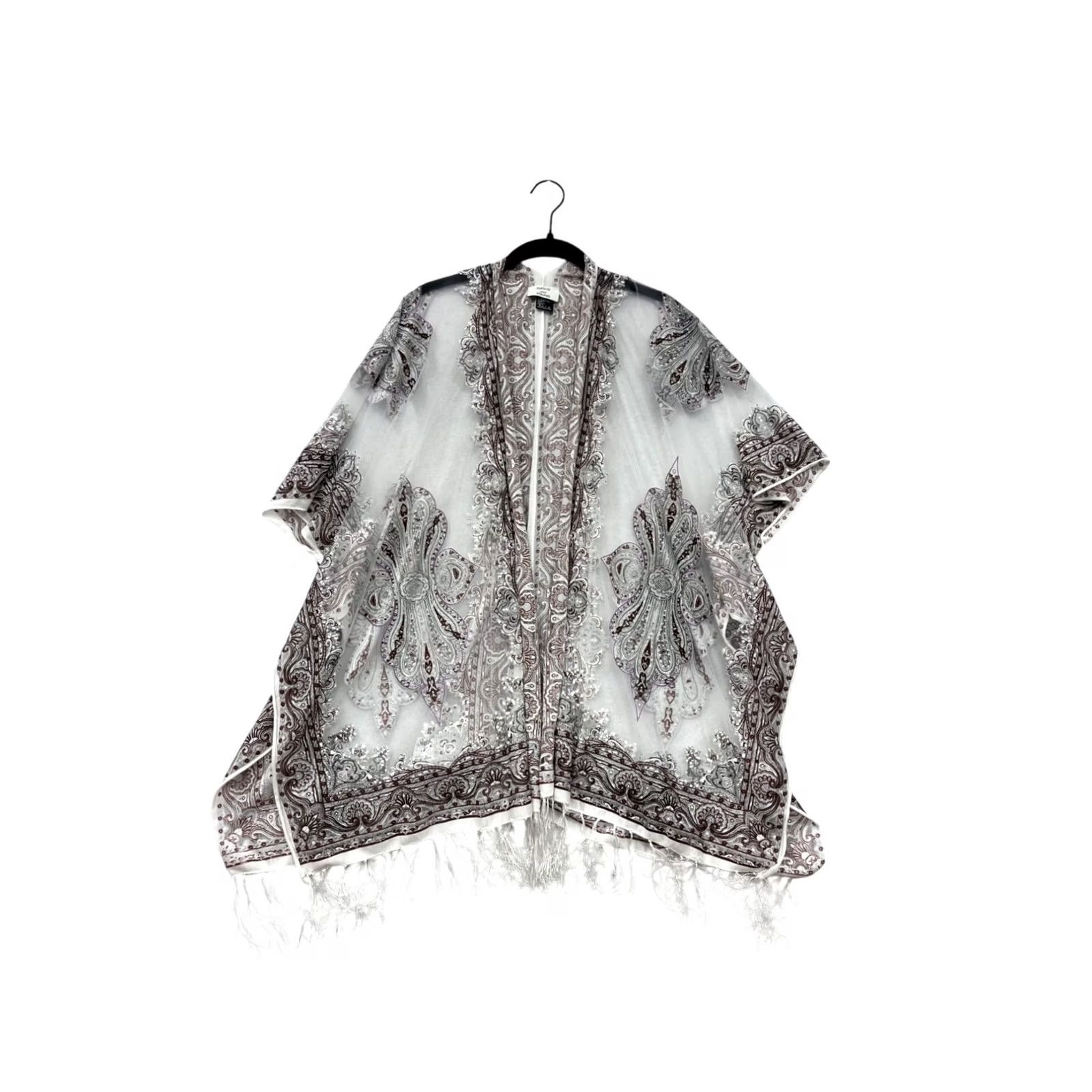 Vintage David And Young Paisley Sheer Fringe Kimono Cardigan Womens OS One Size White Polyester Rayon Blouse Open Front Fringe Shawl 90s? Size ONE SIZE - 2 Thumbnail