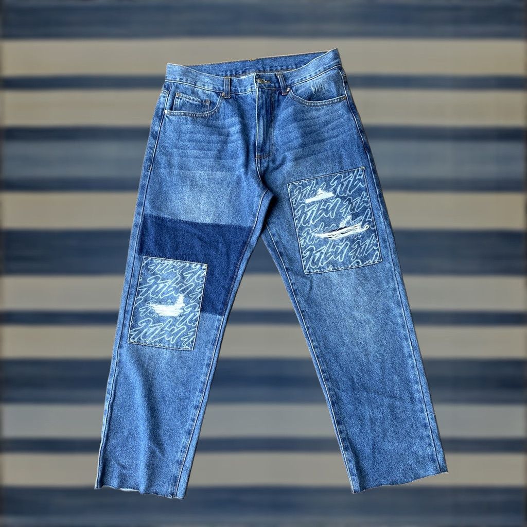 Fubu FUBU x Forever 21 Baggy Jeans Men 32 Denim Blue Patch Work Straight Leg 28.5 Inseam 32x28.5 Size US 33 - 1 Thumbnail