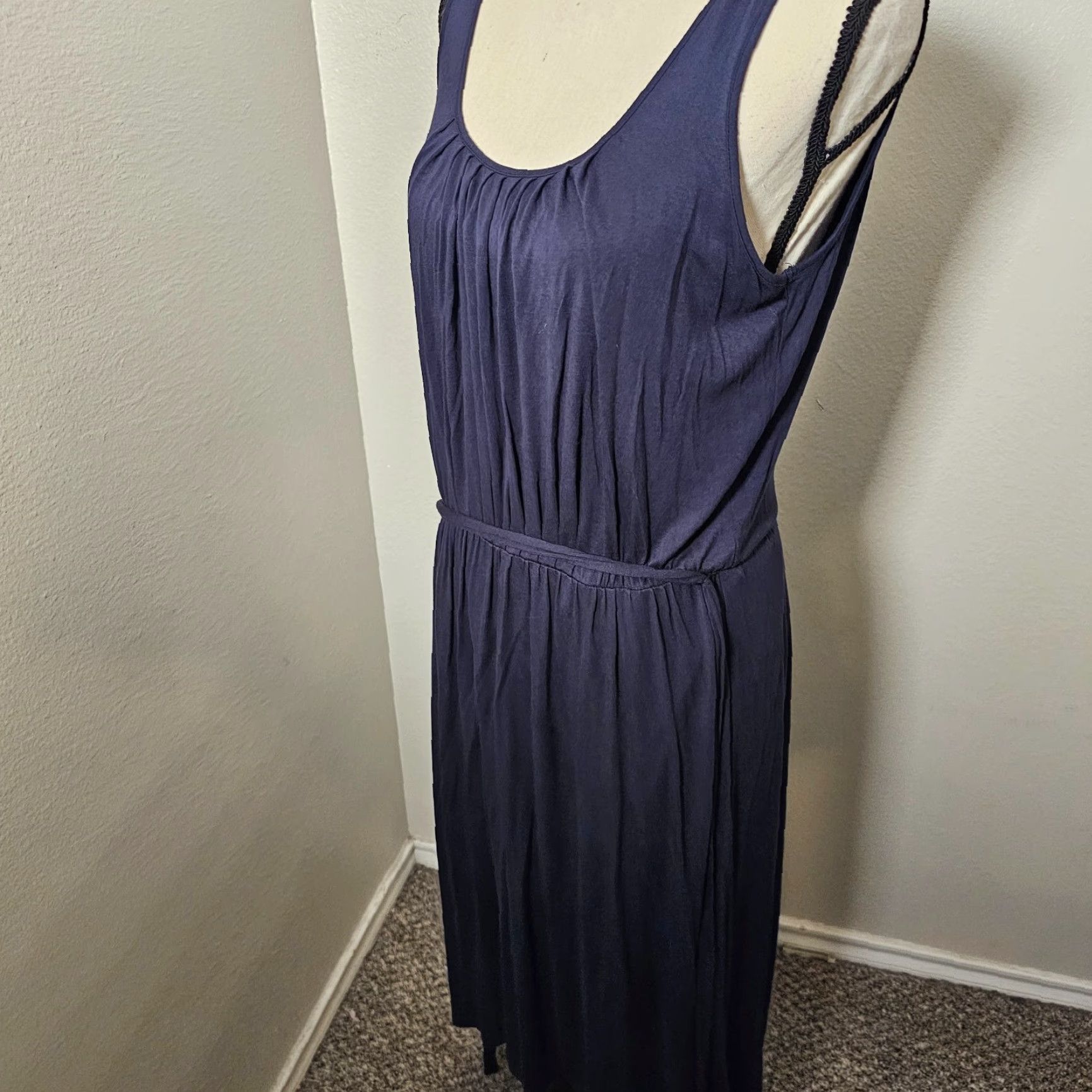 Vintage Ann Taylor A-Line Dress Medium Tall Sleeveless Navy Blue Bohemian Stretch Casual Womens Size M / US 6-8 / IT 42-44 - 2 Thumbnail
