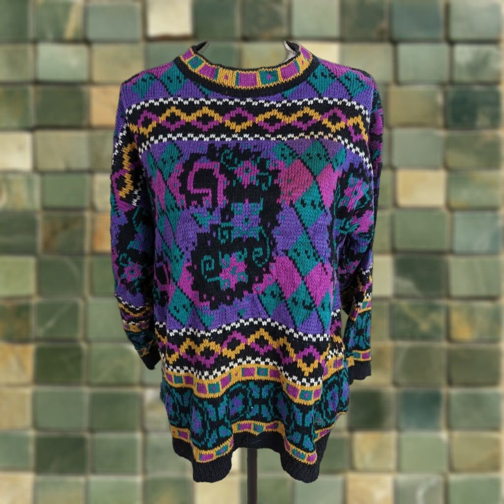 Worthington VTG 90s Nordic Ski Sweater Fair Isle Black Purple Mock Neck Women's Size M S11 Size M / US 6-8 / IT 42-44 - 1 Thumbnail