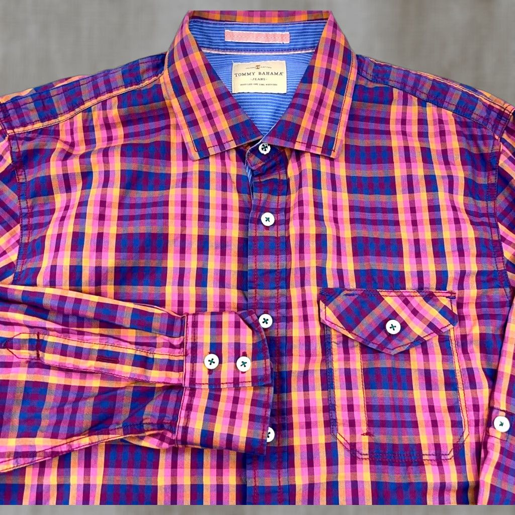 Tommy Bahama Tommy Bahama Shirt Men Large Pink Purple Button Up Plaid Poplin Dress Cotton Size 42R - 1 Thumbnail