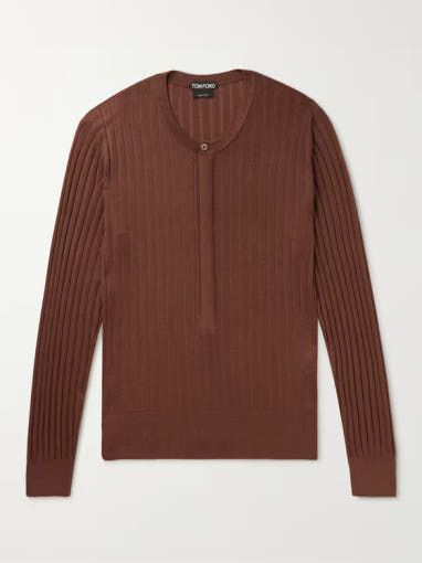 Tom Ford o1sm1stk0725 Silk Henley Neck Knit Sweater in Brown Size US M / EU 48-50 / 2 - 1 Preview