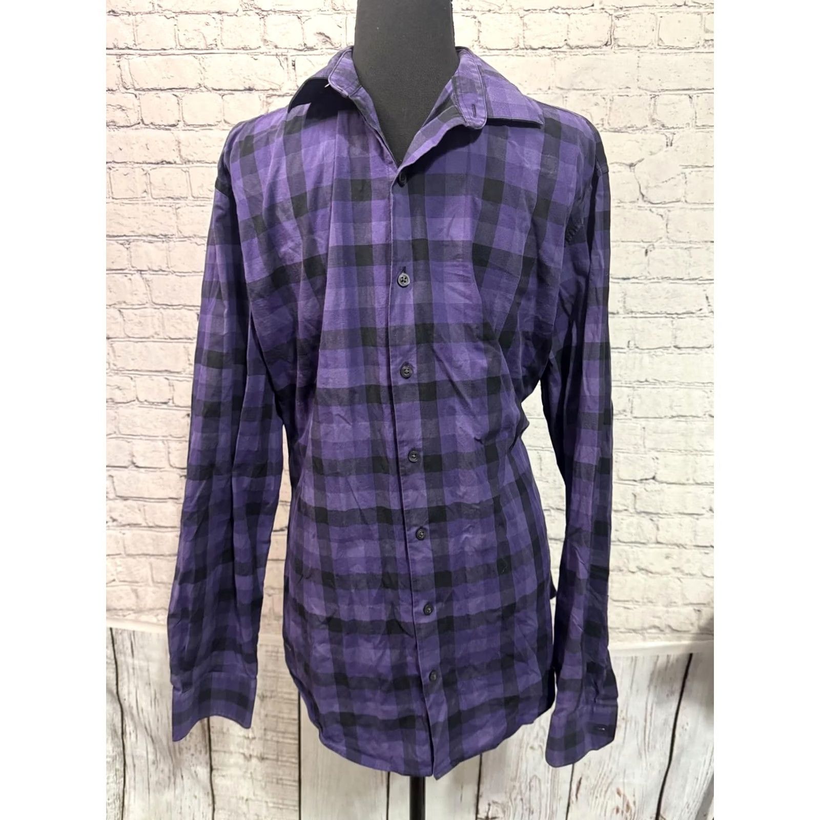 Alfani Alfani Men's Button-Up Shirt XL Purple Plaid Slim Fit Stretch Long Sleeve Button-Down Collar mens XL Purple Plaid Shirt Size US XL / EU 56 / 4 - 5 Thumbnail