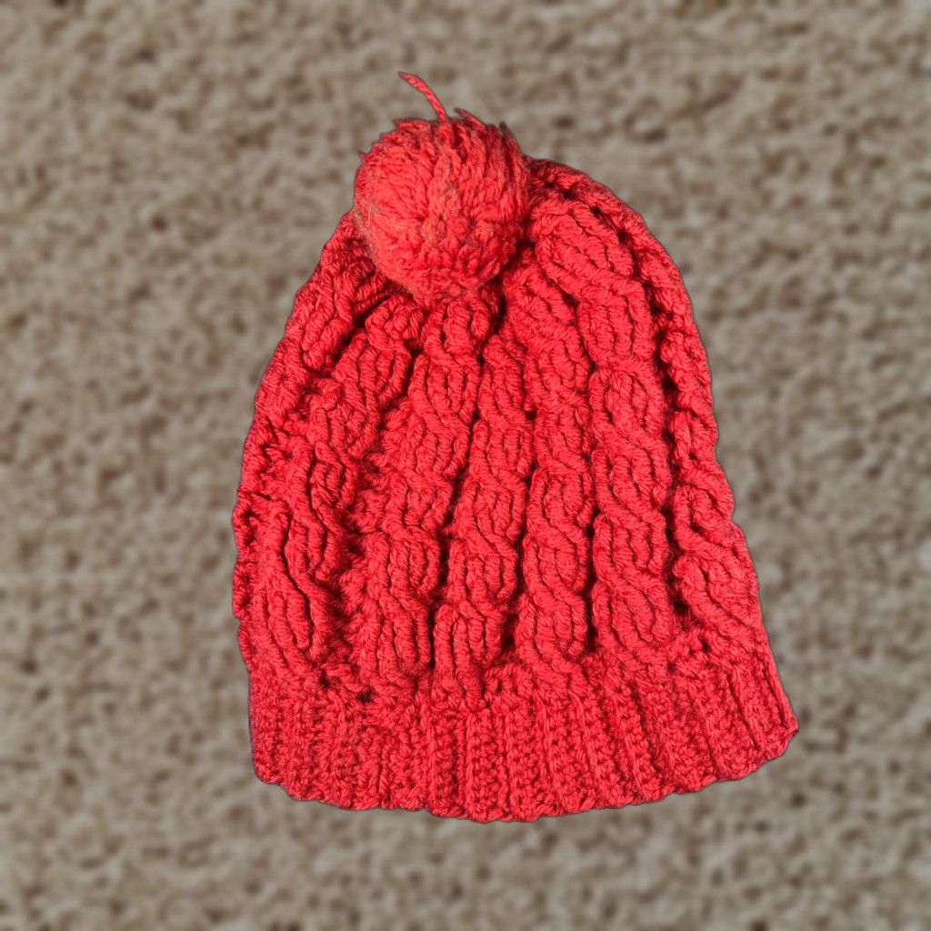 Vintage Handmade Beanie Toque Women One Size Red Crochet Cable Knit Acrylic Blend Pom Beanie Size ONE SIZE - 1 Thumbnail