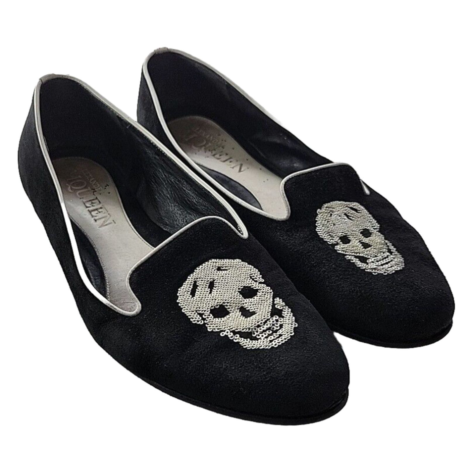 image of Alexander Mcqueen Womens 8 (38.5) Black Suede Slip On Flats Loafer Sequin Skulls in White