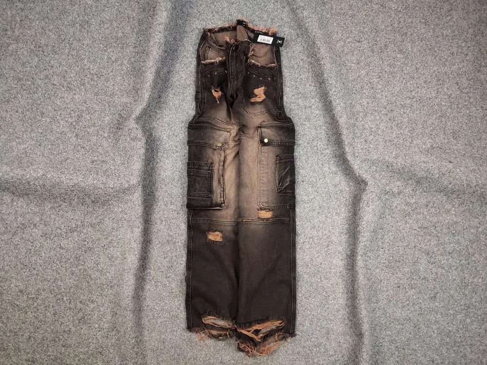 image of Avant Garde x Jaded London Distressed Faded Brown Denim Cargo Baggy Jeans in Dark Brown, Women's (S