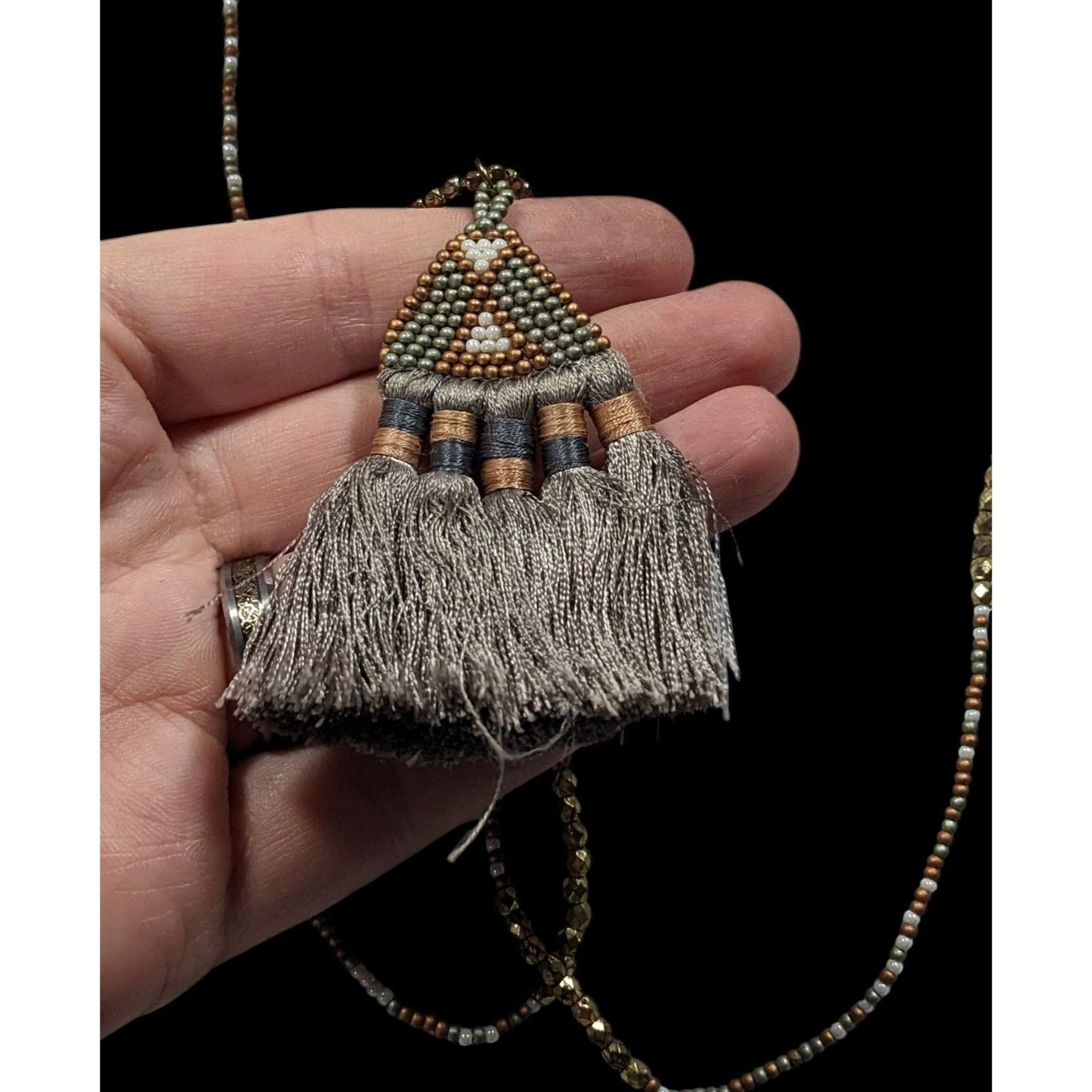 Other Handmade Boho Grey And Gold Tone Glass Beaded Thread Tassel Size ONE SIZE - 6 Thumbnail