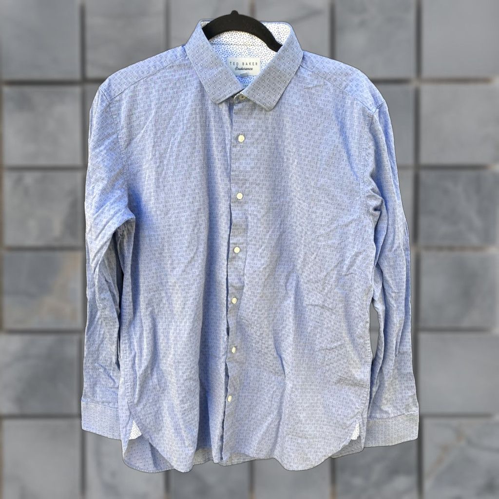 Ted Baker Ted Baker Button-Down Shirt Geometric Blue 16.5 Mens Regular Pocket Logo Embroidered Cotton Blend Endurance Size US XL / EU 56 / 4 - 1 Thumbnail