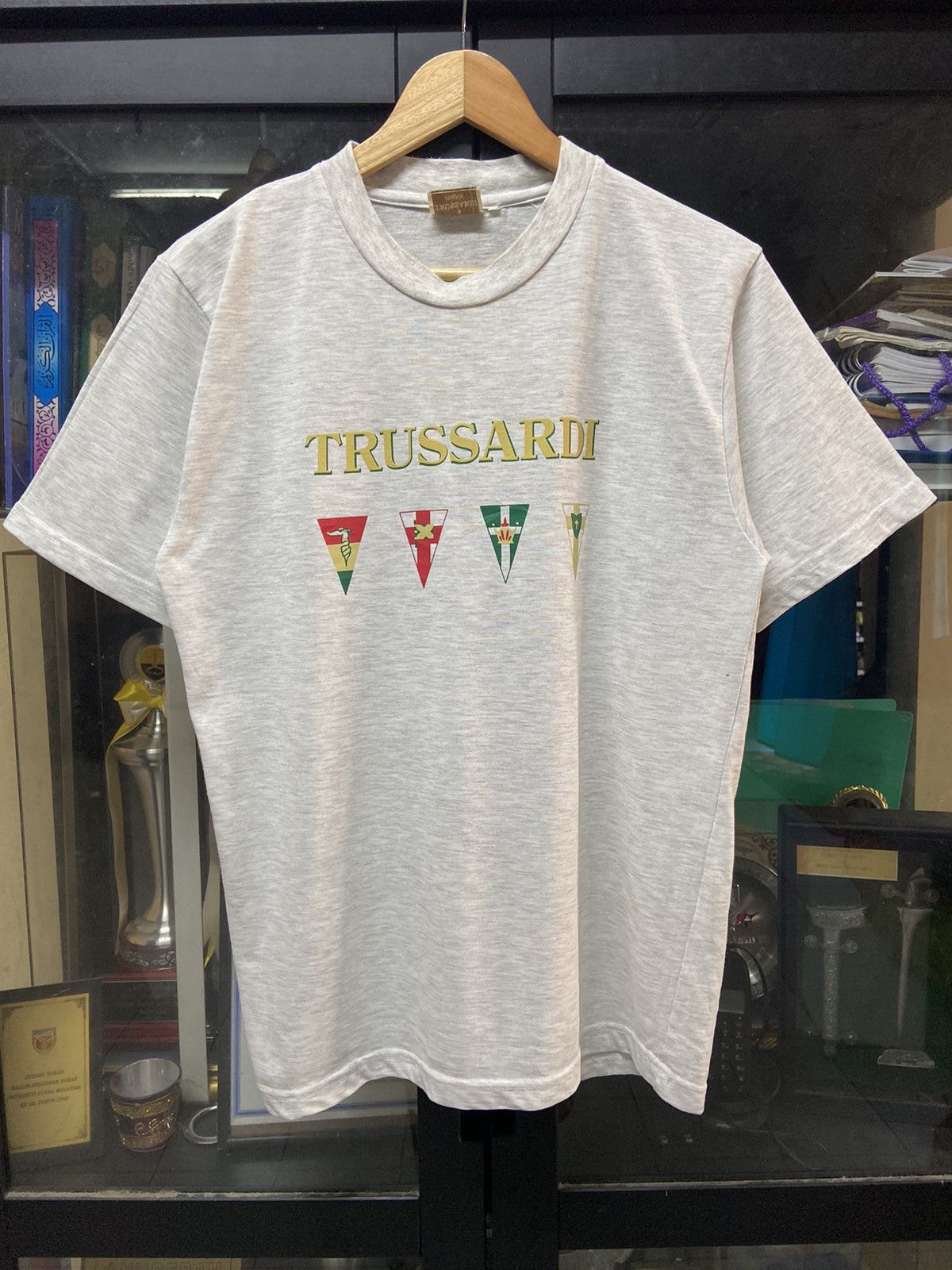 image of Vintage Trussardi Spellout Logo Find in White, Men's (Size Medium)