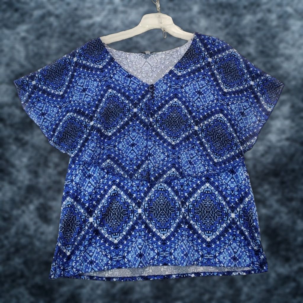 Vintage Notations Layered Flutter Sleeve Blue Geometric Print Blouse Womens XL Size XL / US 12-14 / IT 48-50 - 1 Thumbnail