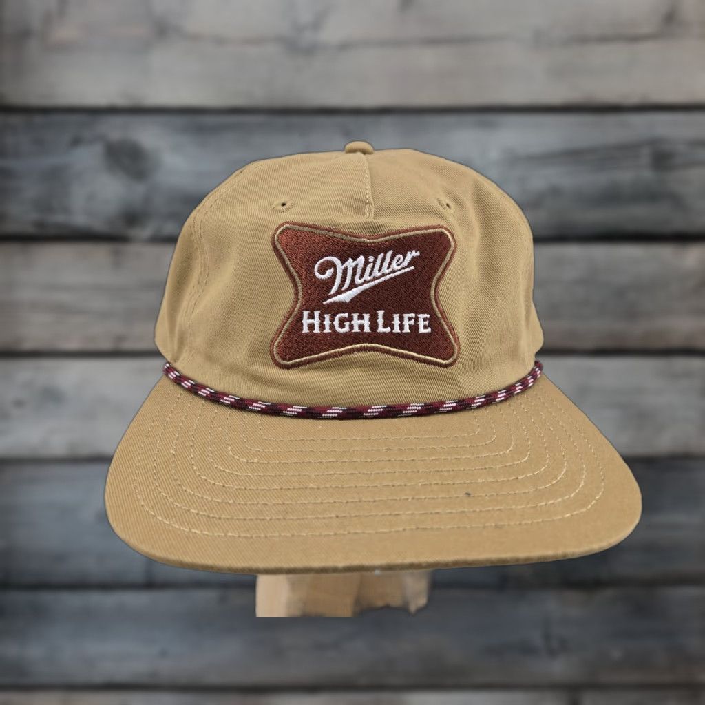 Vintage Miller High Life Hat Cap Snap Back Brown Khaki Rope Trucker Logo Beer Adult Mens Mens Cap Hat Time 80s Retro Size ONE SIZE - 1 Thumbnail