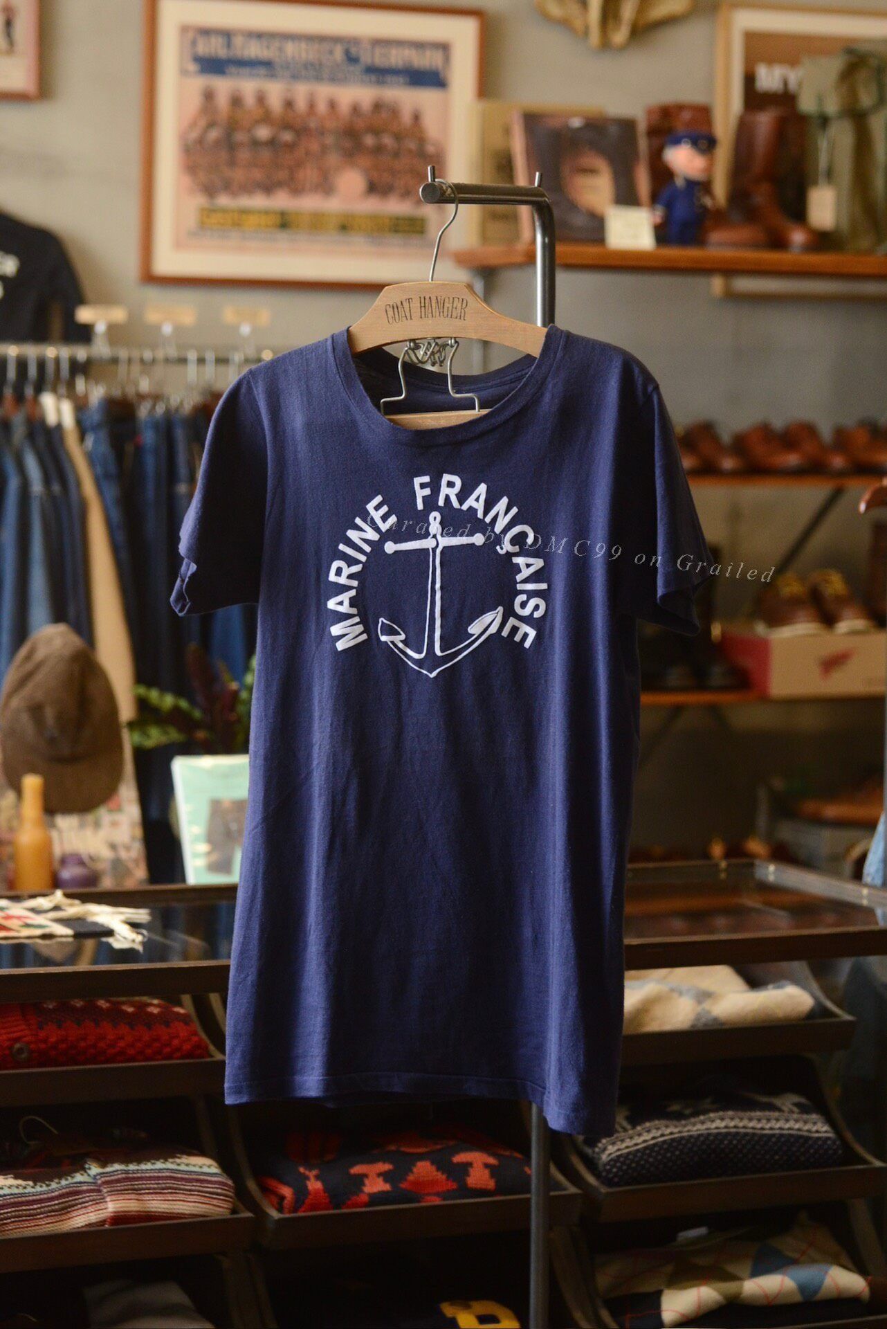Vintage Vintage 1980s French Navy Flocked Print Tee Size M / US 6-8 / IT 42-44 - 1 Thumbnail
