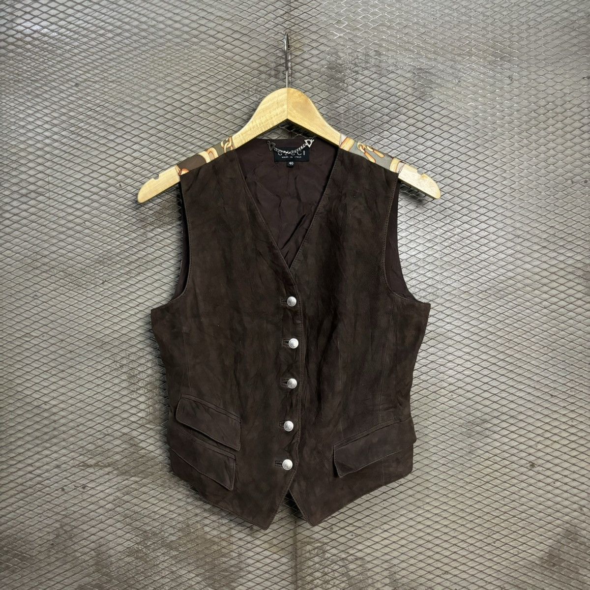 image of Vintage Gucci By Tom Ford Leather Silk Print Vest in Brown, Women's (Size Small)