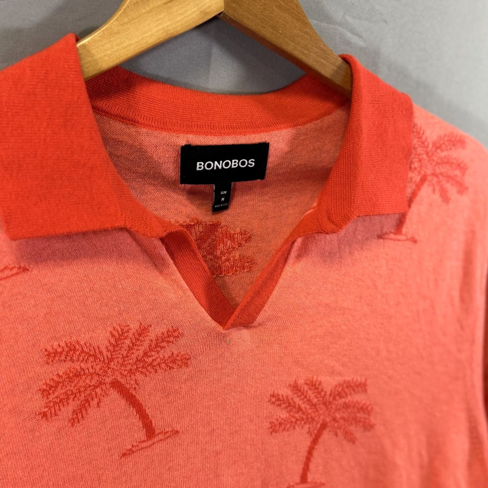 Bonobos Bonobos Polo Shirt Mens Medium Red Coral Palm Tree Jacquard Knit Cotton Slim Fit Size US M / EU 48-50 / 2 - 3 Thumbnail
