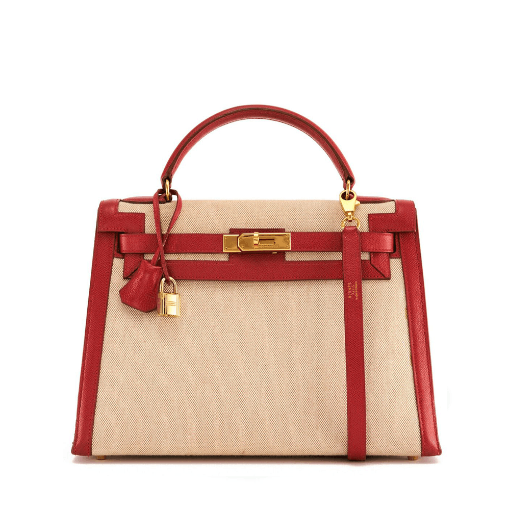 image of Hermes Toile Rouge 32Cm Kelly Bag in Gold, Women's