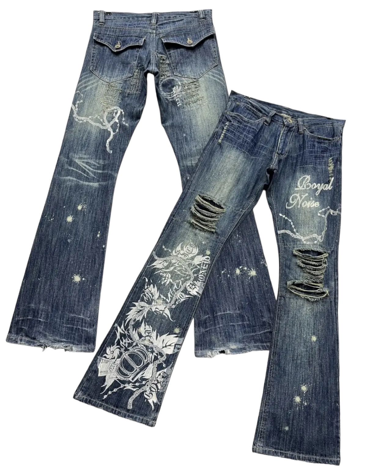 Japanese Brand FYE🔥GUMU INTERNATIONAL Punk Ripped Tribal Print Flare Denim Size 31" - 1 Thumbnail