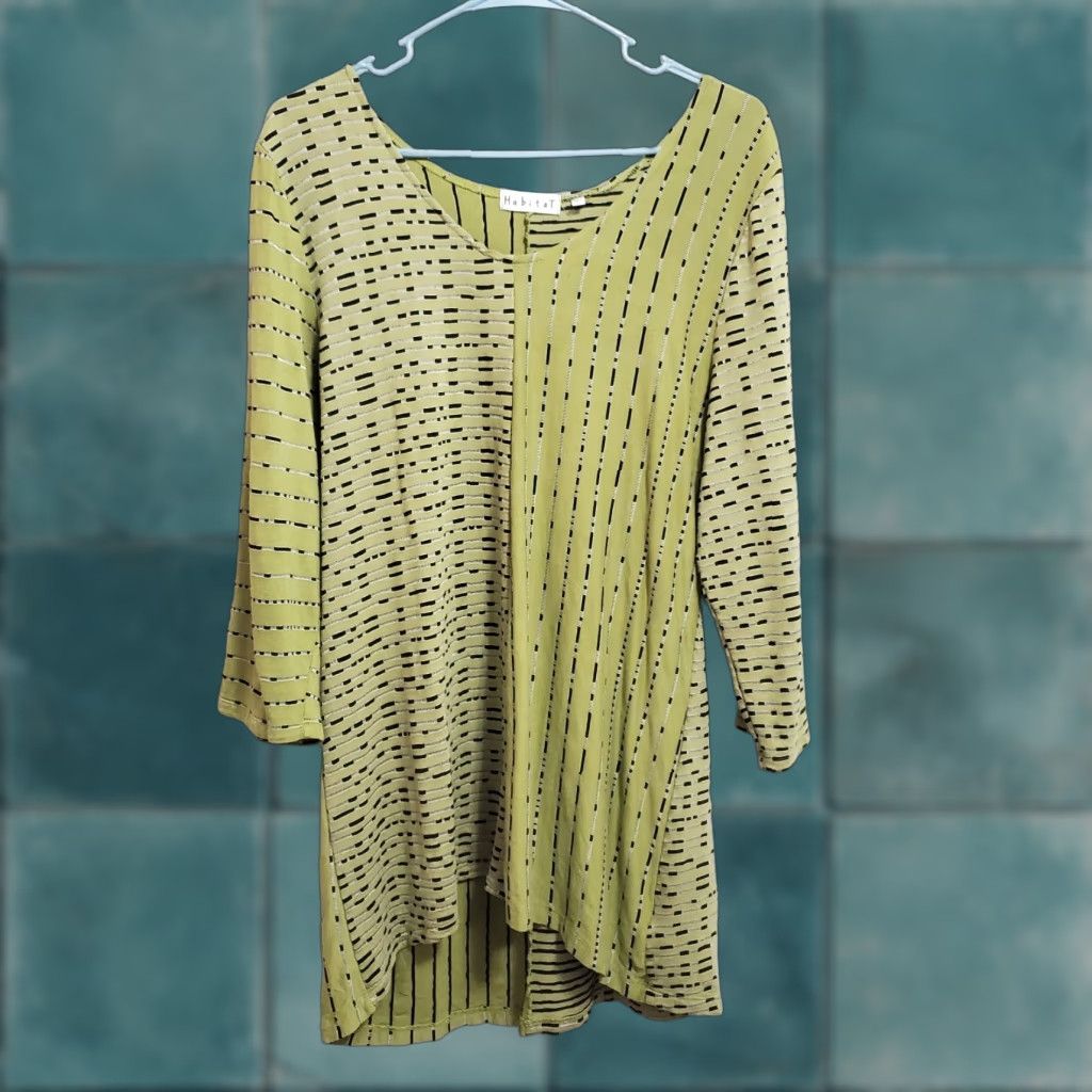 Habitat Habitat Tunic Top Women L Green Black Stripe Lagenlook Boho Scoop Neck Long Sleeve Pullover Shirt Blouse Casual Size L / US 10 / IT 46 - 1 Thumbnail