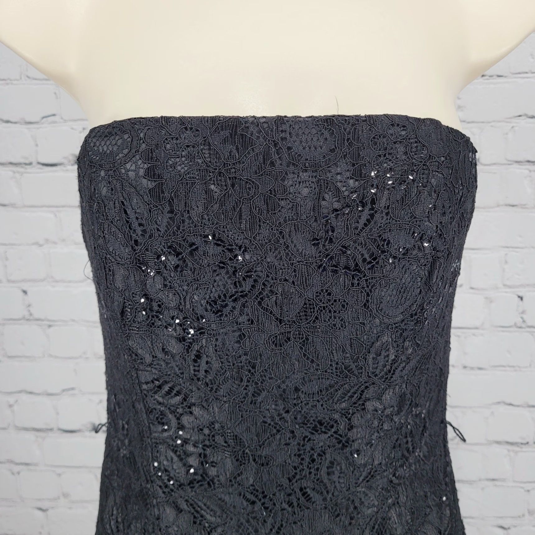 White House Black Market Dress Women 0 Black Floral Sequin Lace Strapless  Lined Short Zip Square