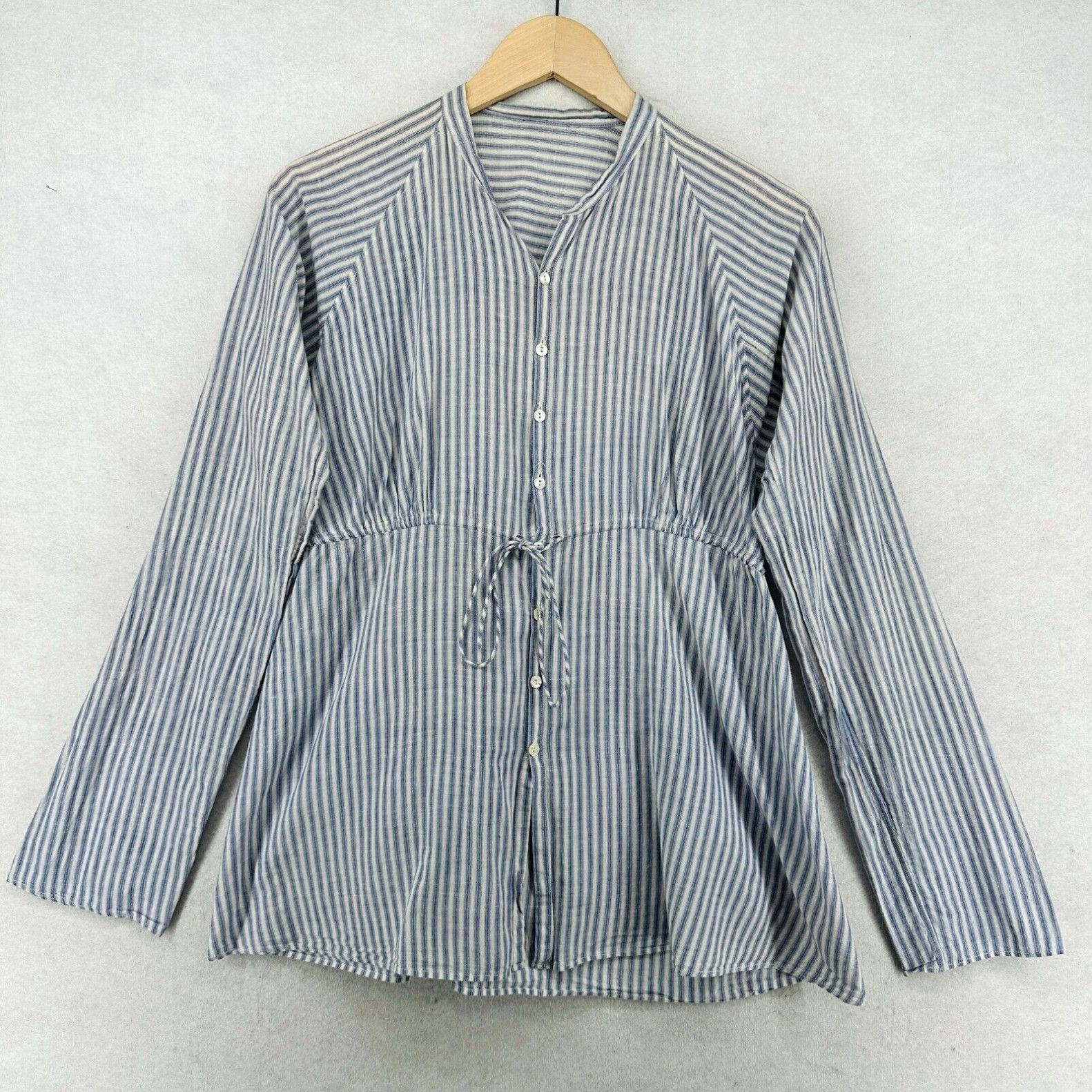 image of Vintage 45Rpm Ticking Stripe Top 4 Drawstring Button Front Peplum Mandarin Collar Blue in White, Wo