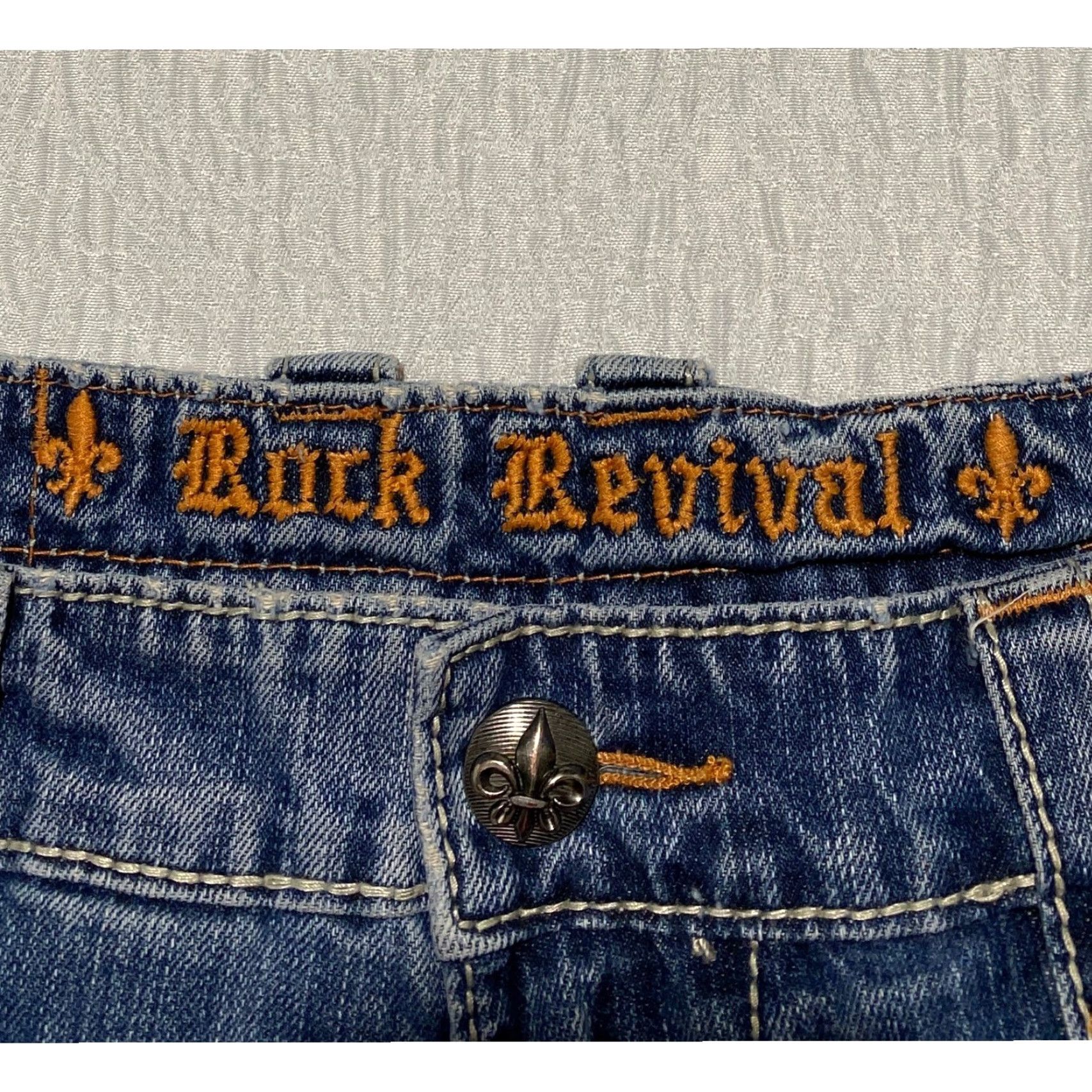 Vintage Rock Revival Jeans Mens 36x30 Distressed Embroidered Denim Cropped Raw Hem Paul Straight Straight Jeans Mens Blue 5-Pocket Design Logo Size US 36 / EU 52 - 7 Thumbnail