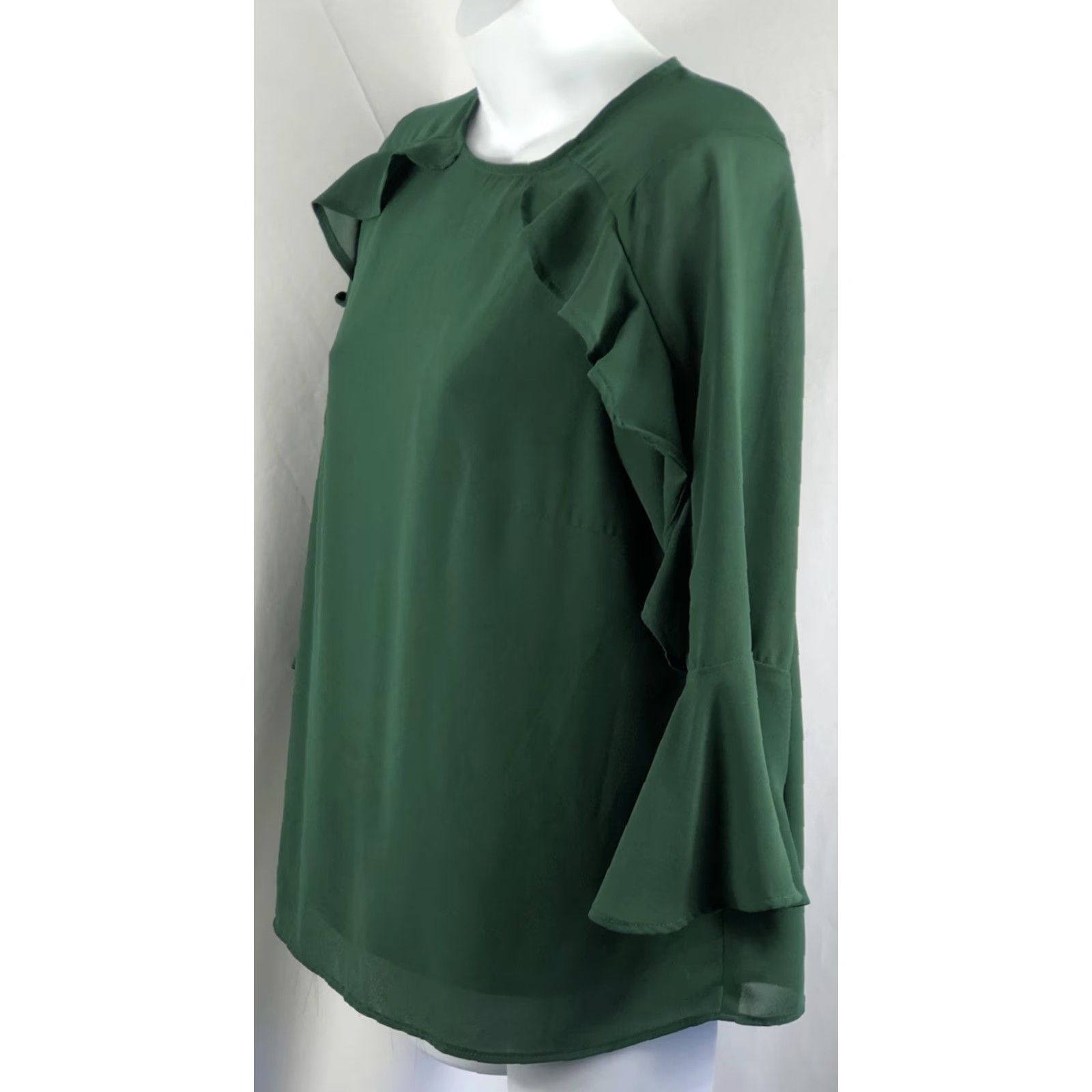 Vintage Monteau Chiffon Ruffles Top M Green 3/4 Flutter Sleeves Layered Boho Peasant Shirt Women Size M / US 6-8 / IT 42-44 - 2 Thumbnail