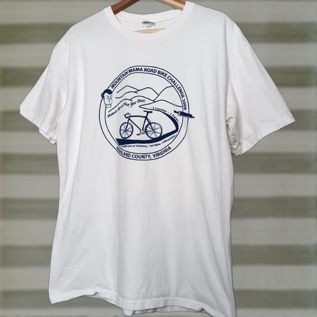 Gildan VINTAGE Mountain Mama Road Bike Challenge Shirt L White Cotton Gildan Ultra Cotton Men Cyclist Graphic Print 2009 Virginia Bike Reg Mens Size US L / EU 52-54 / 3 - 1 Thumbnail