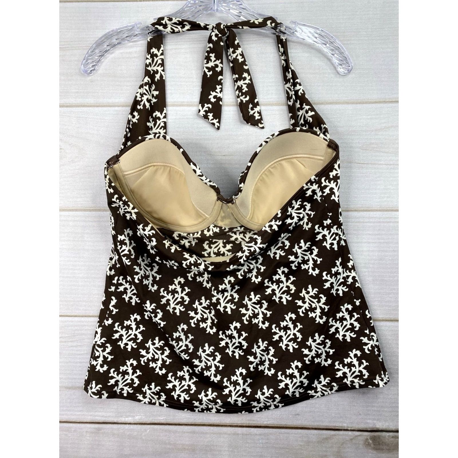 Lands' End Lands' End Womens 12 Brown Floral Leaf Halter Tankini Top Built-in Bra Underwire Tankini Top Size XL / US 12-14 / IT 48-50 - 7 Thumbnail