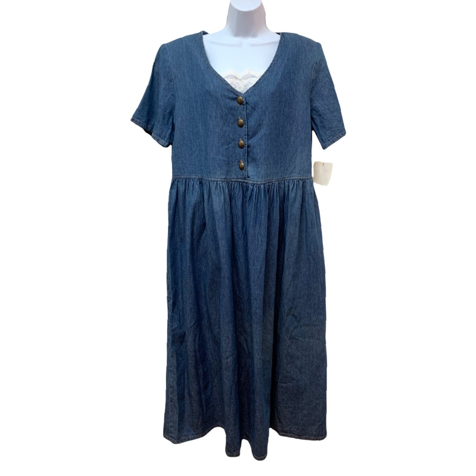 Vintage VINTAGE Ms. Conduct Denim Jean Dress Lace Detail Romantic Cottagecore 14 Blue Cotton 1980s Casual Regular Size 36" / US 14 / IT 50 - 2 Thumbnail