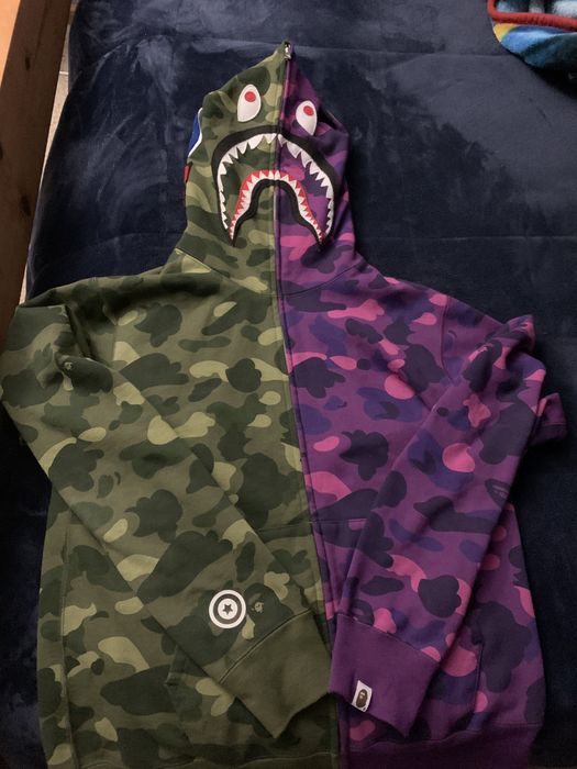 Color camo half and half shark full best sale zip hoodie