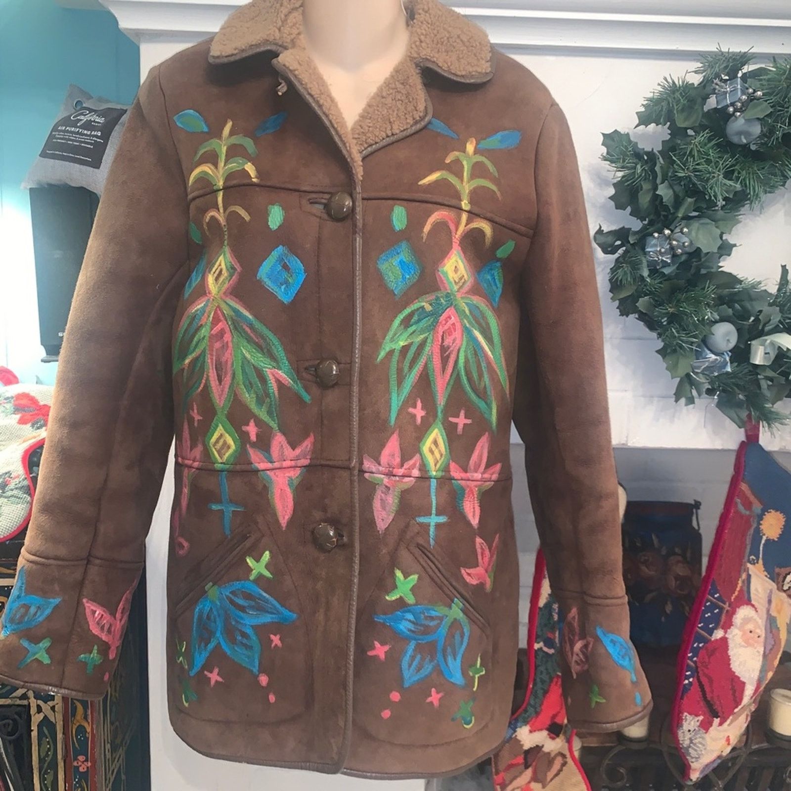 Other VINTAGE 80's HANDPAINTED SHEEPSKIN SHEARLING Jacket U.K. Size S / US 4 / IT 40 - 1 Thumbnail