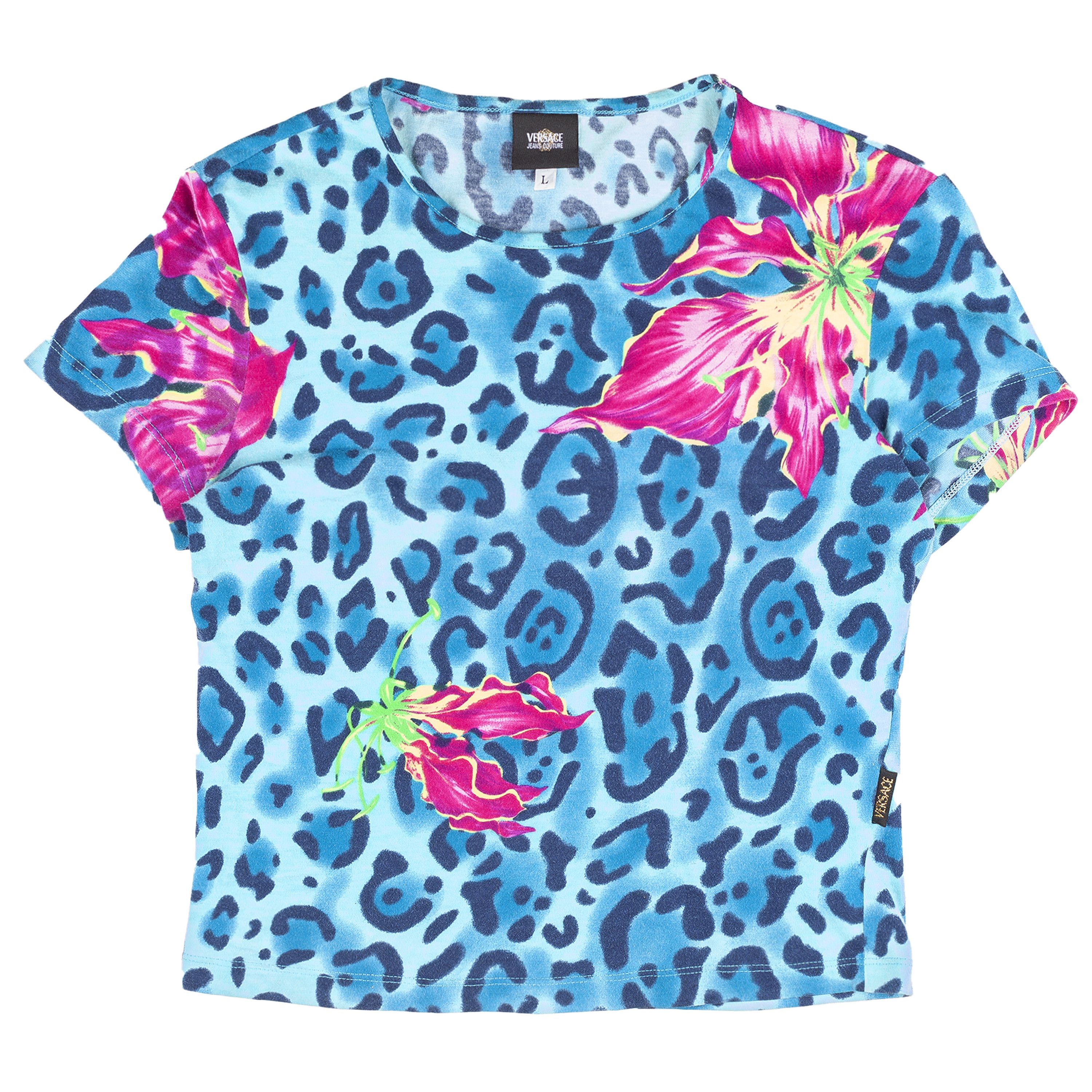 Versace × Versace Jeans Couture Versace Jeans Couture Blue Cheetah Vintage T-Shirt (L) Size L / US 10 / IT 46 - 1 Thumbnail