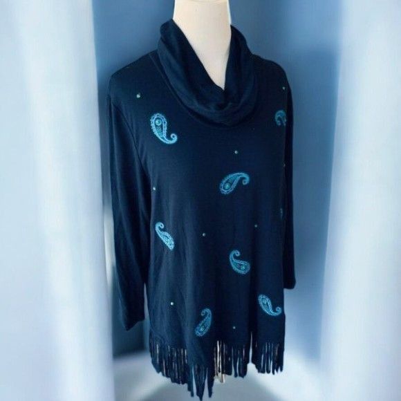 Designer Ruby Rd Navy Blue Paisley Cowl Neck Tunic Fringe Hem NEW L Size L / US 10 / IT 46 - 4 Thumbnail