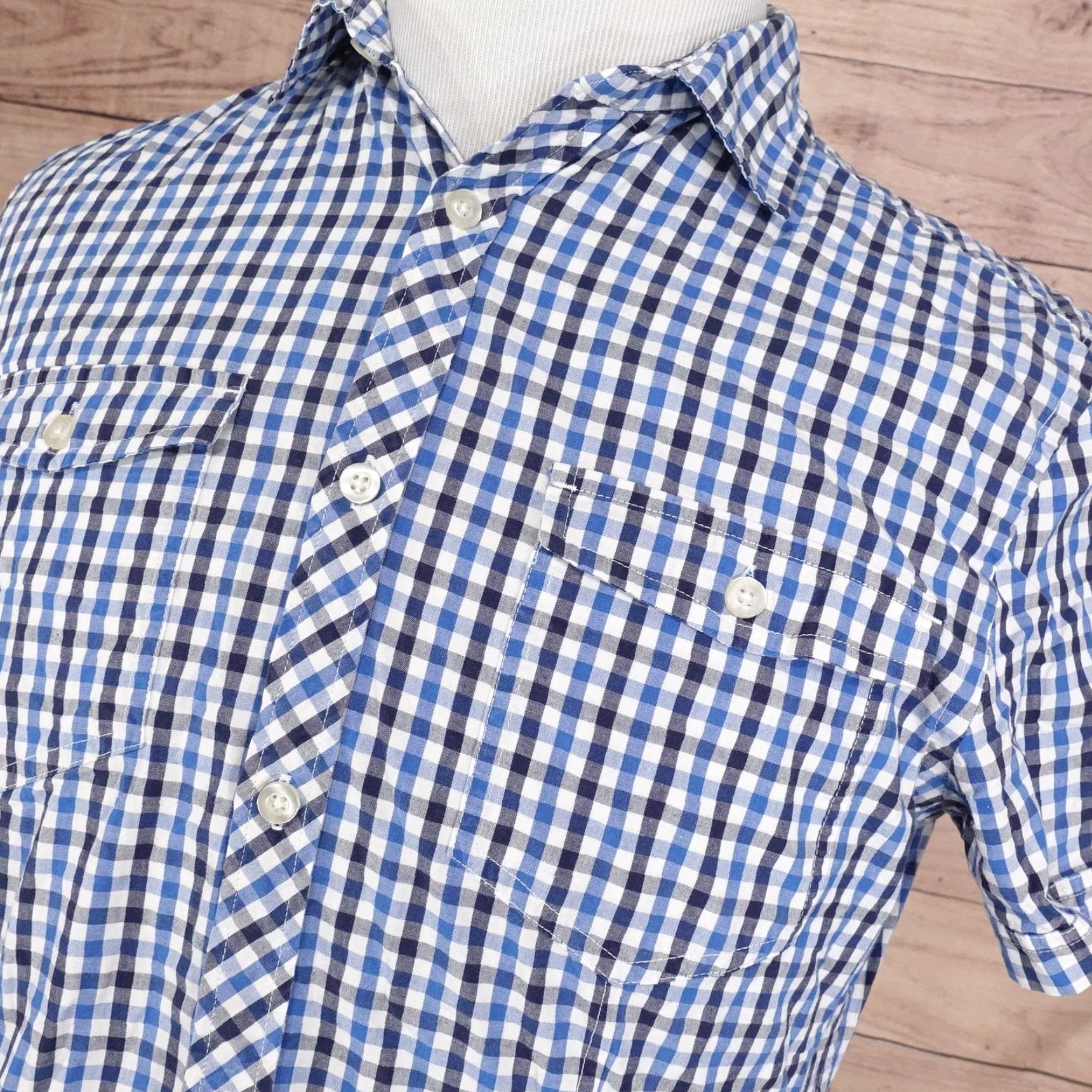 H&M H&M Shirt Mens Medium Blue White Gingham Check Short Sleeve Button Front Cotton Shirt - Mens Size US M / EU 48-50 / 2 - 2 Thumbnail