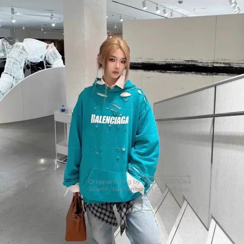 Balenciaga Balenciaga Lake Blue Double Layer Destroyed Hooded Sweatsh Size US XS / EU 42 / 0 - 3 Thumbnail