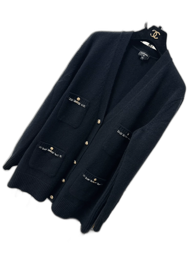 Chanel CHANEL 22B Black Cashmere Logo Cardigan Size M / US 6-8 / IT 42-44 - 1 Thumbnail
