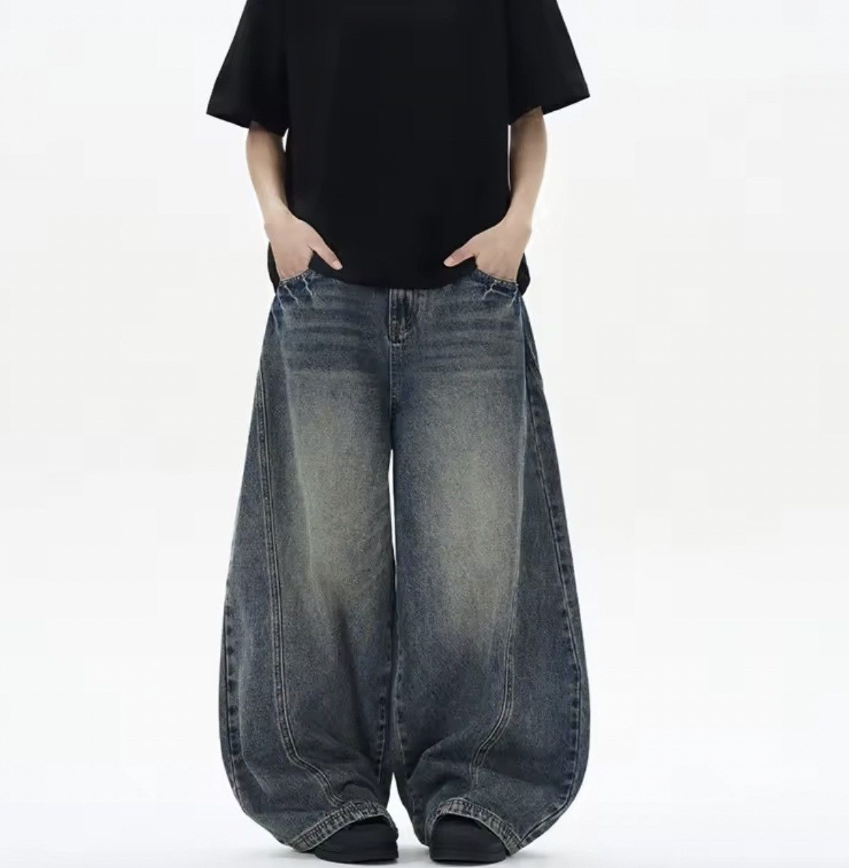 Japanese Brand Street Wash Distressed Men's Wide Leg Jeans Size US 29 - 7 Thumbnail
