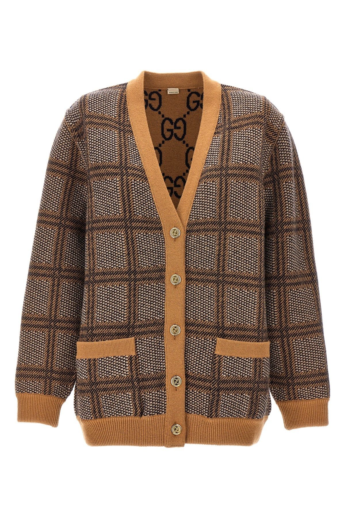 Image of Gucci Check And 'gg' Reversible Cardigan in Beige, Women's (Size XS)