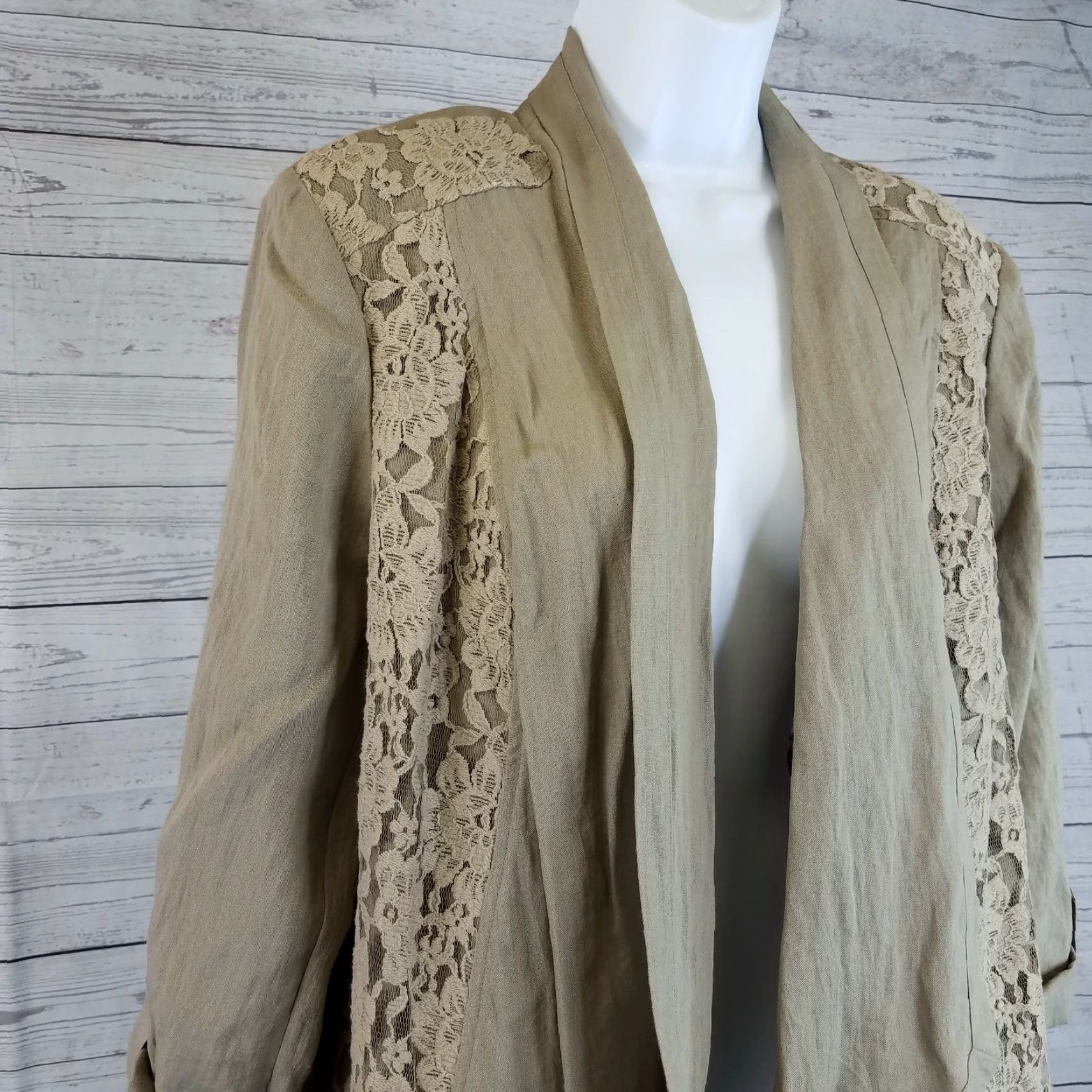 Vintage Chicos Womens Jacket Open Front Sz L Brown Rayon Blend Lace Panels Tabbed Sleeves - Casual Vintage? No—but no vintage tag. Size L / US 10 / IT 46 - 3 Thumbnail