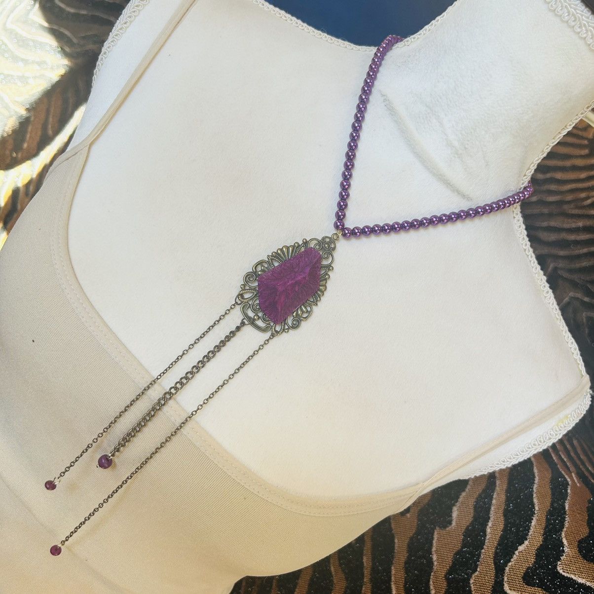 Handmade Handcrafted purple faceted high dome brass filigree necklace Size ONE SIZE - 1 Thumbnail